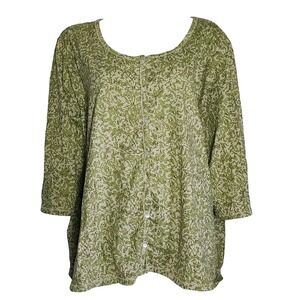Avenue Top Womens Plus Size 30/32 Green Abstract Button Front Short Sleeve